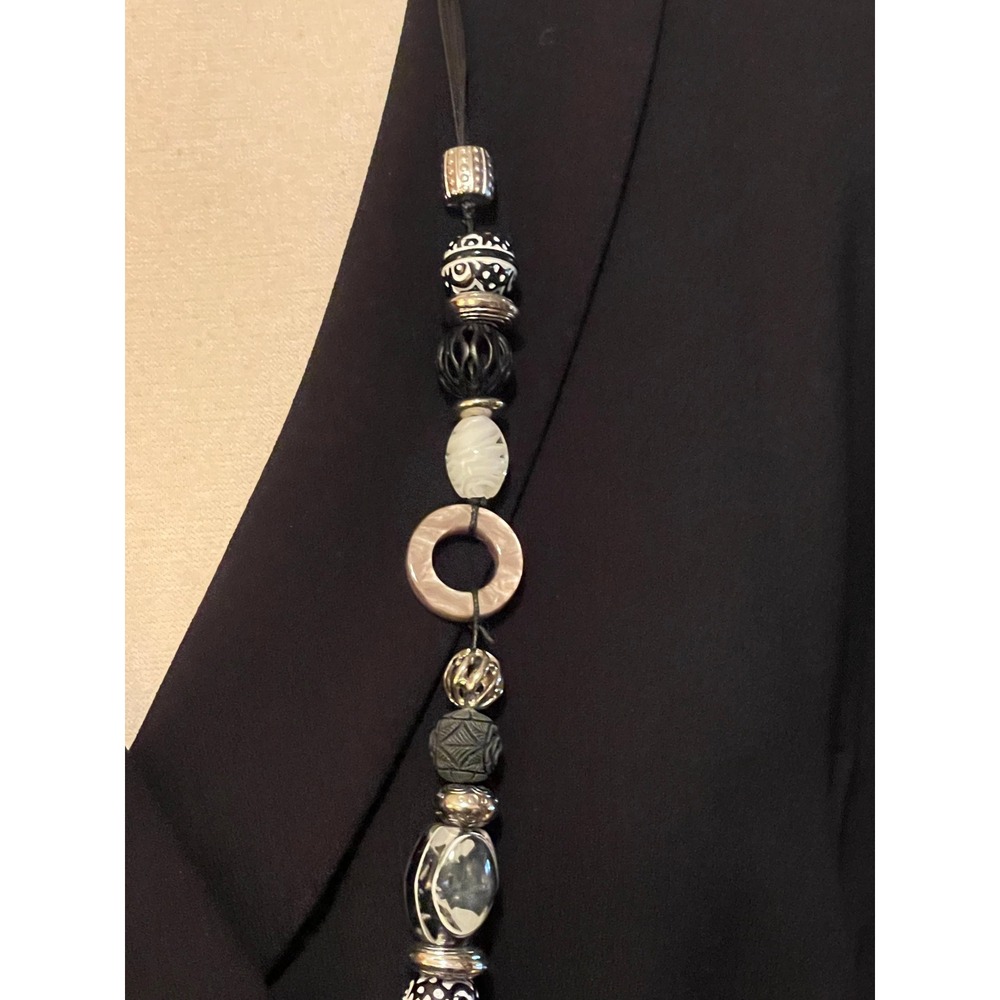 Chicos Black White Silver Beaded Statement Necklace 22 Inch Long Cord Eclectic - Picture 5 of 11